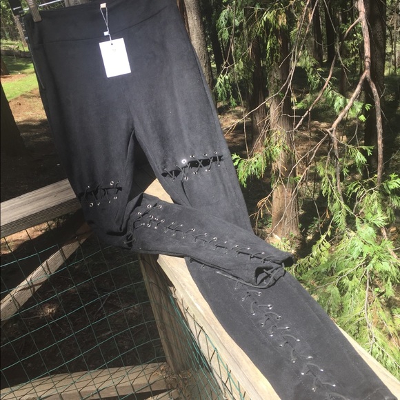 Solaris Style black faux suede leather lace up pants - Picture 10 of 10